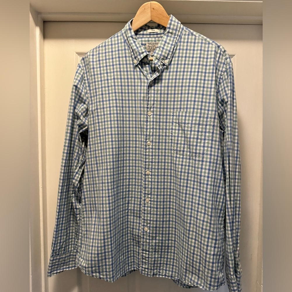 J. Crew Secret Wash Shirt Slim Large Blue and Green Gingham Shirt